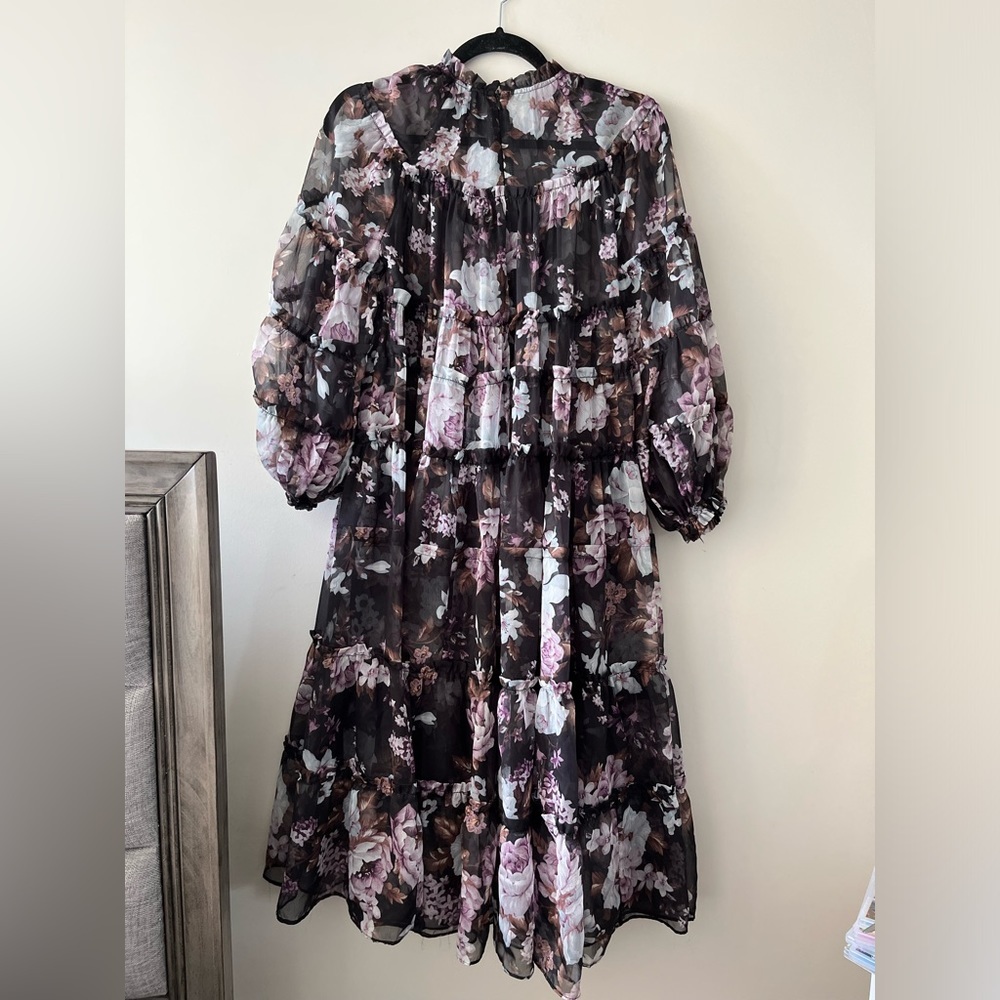 Beulah Style Sheer Floral Purple Tiered Ruffled Trim Long Dress (Sz Large)